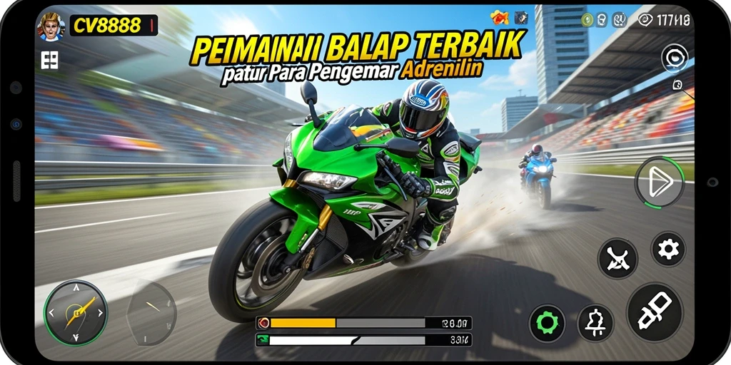 Screenshot gameplay CW8888 yang menampilkan balapan motor yang seru dan cepat.