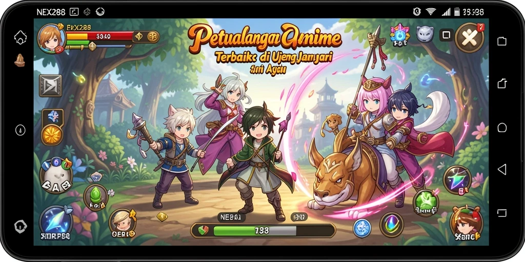 Screenshot NEX288 menampilkan karakter anime dalam pertempuran seru.