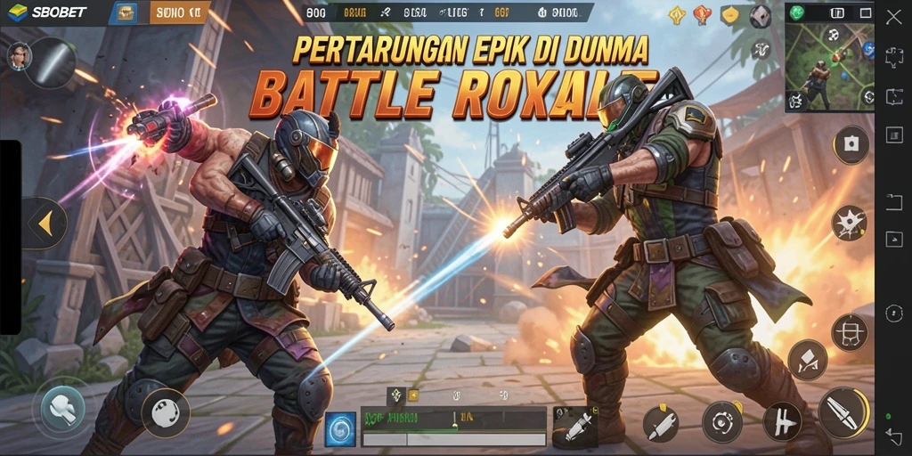 Screenshot SBOBET menampilkan aksi pertarungan epik di arena Battle Royale.