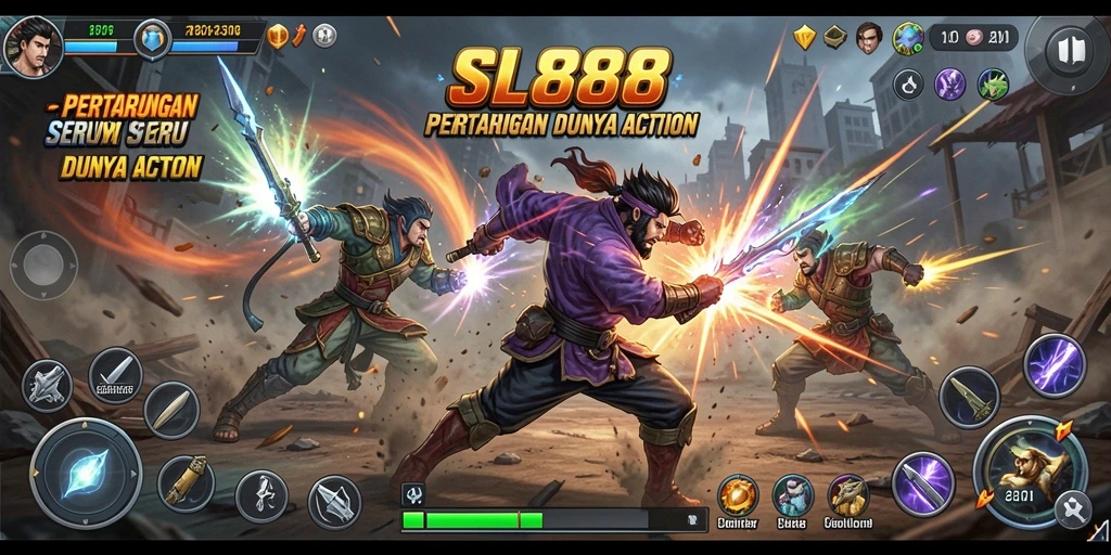 Tangkapan layar SL888 menampilkan pertarungan action yang mendebarkan.