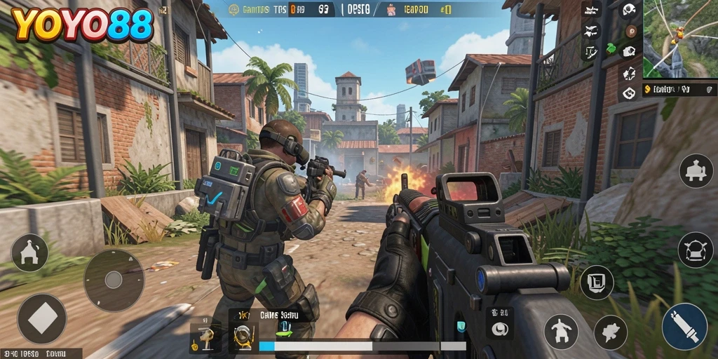 Screenshot gameplay YOYO88 dengan aksi tembak-menembak yang mendebarkan.